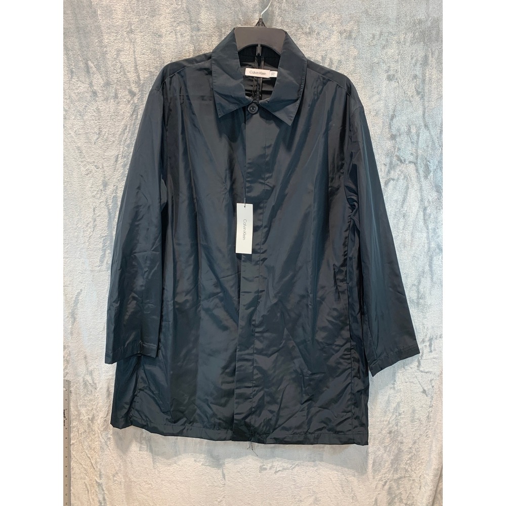 Calvin Klein Mens Black Lightweight Rain Coat Hidden Button Overcoat Size Small